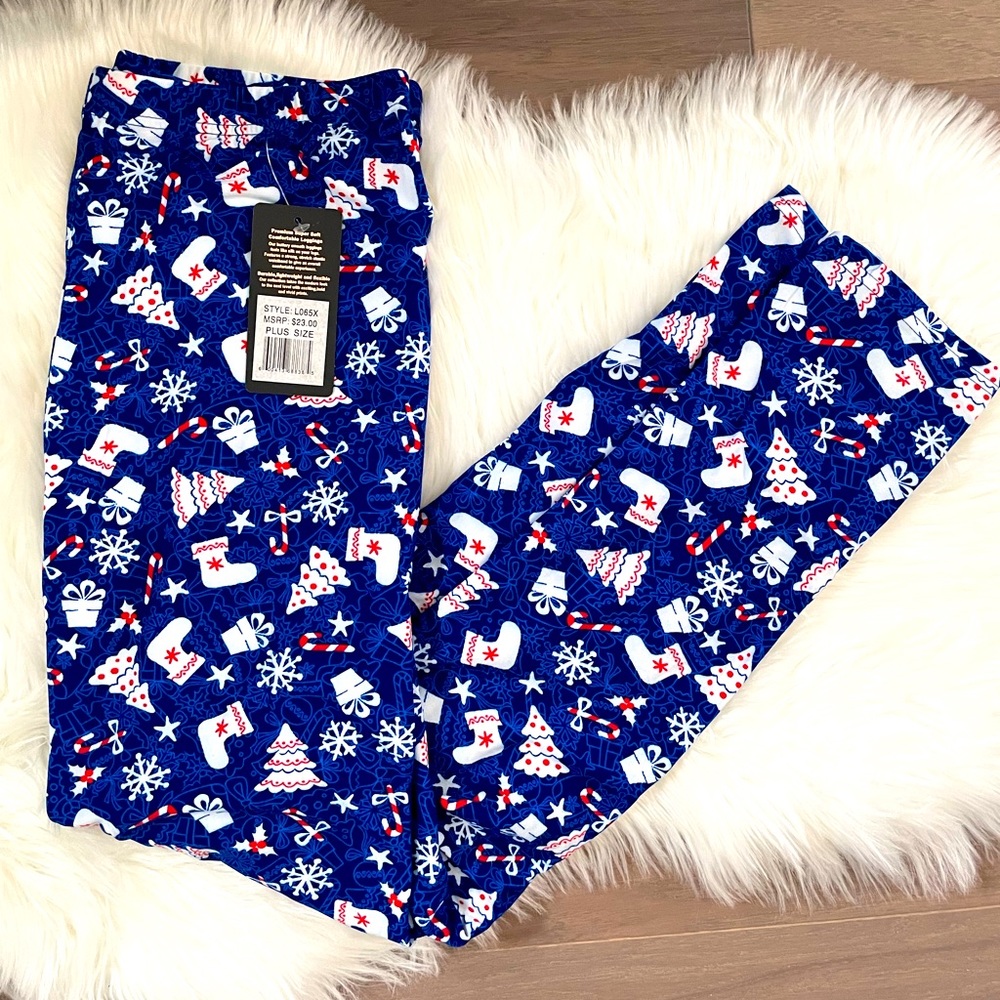 BUTTERY SOFT BLUE CHRISTMAS MERRIMENT PLUS SIZE LEGGINGS